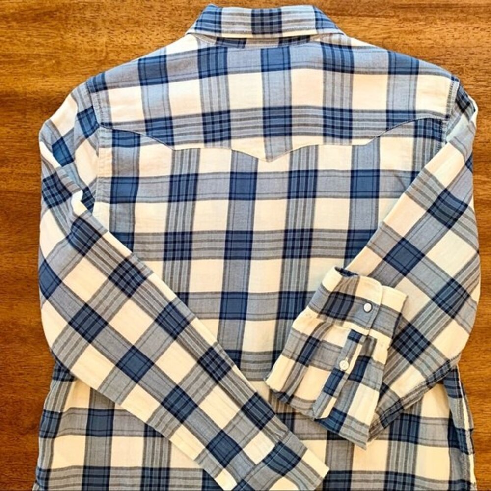 Chaps Pearl Snap Western Blue Plaid Button Down Flannel Shirt M - Picture 6 of 11